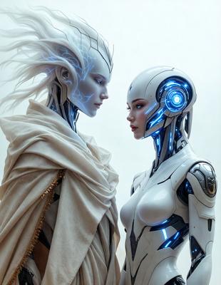 The primary subject of the image is a futuristic robot with a female face, standing next to another robot with a similar appearance. The setting is a white background, which creates a clean and minimalist visual style. The overall atmosphere is one of advanced technology and artificial intelligence. The dominant colors are white and blue, which are often associated with futuristic and technological themes.